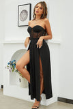 Strapless Black Corset Ball Dress with Slit