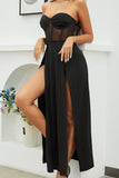 Strapless Black Corset Ball Dress with Slit