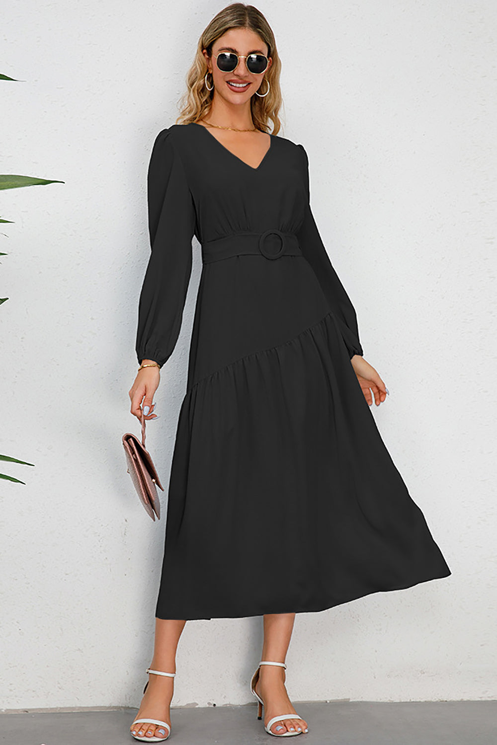 Black A-Line V-Neck Long Casual Dress With Long Sleeves