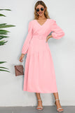 Black A-Line V-Neck Long Casual Dress With Long Sleeves