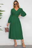 Black A-Line V-Neck Long Casual Dress With Long Sleeves