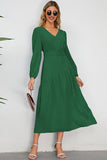 Black A-Line V-Neck Long Casual Dress With Long Sleeves