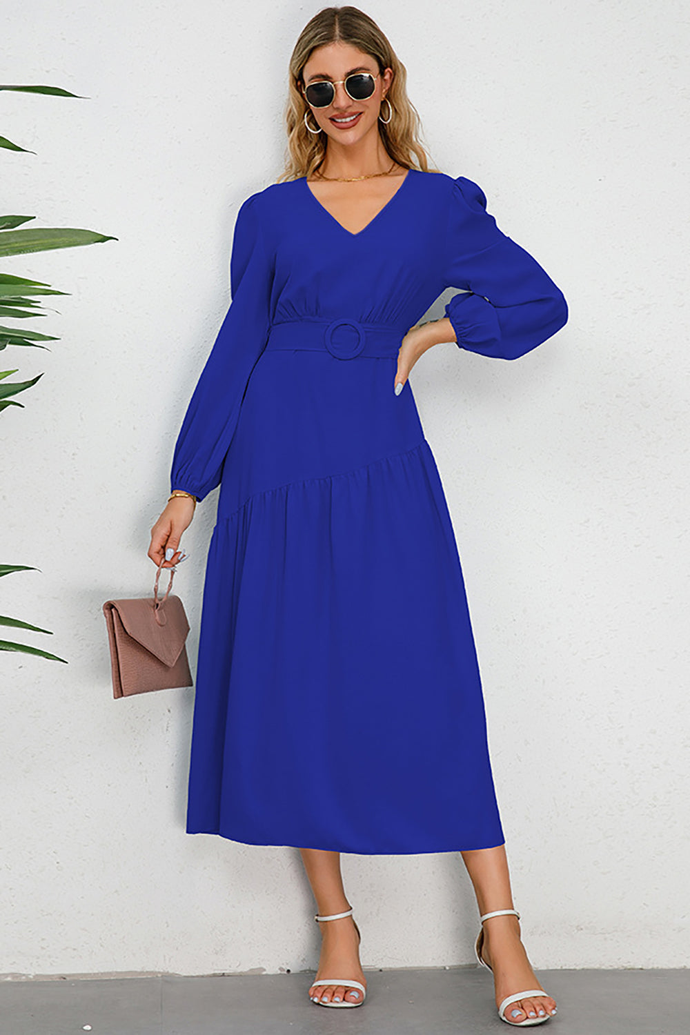 Black A-Line V-Neck Long Casual Dress With Long Sleeves