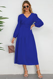 Black A-Line V-Neck Long Casual Dress With Long Sleeves