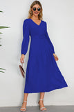 Black A-Line V-Neck Long Casual Dress With Long Sleeves
