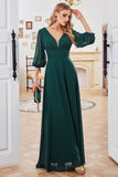 A-line Long Sleeves Dark Green V-neck Mother of Bride Dress