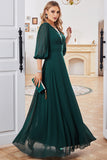 A-line Long Sleeves Dark Green V-neck Mother of Bride Dress