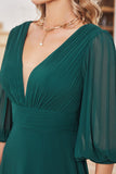 A-line Long Sleeves Dark Green V-neck Mother of Bride Dress