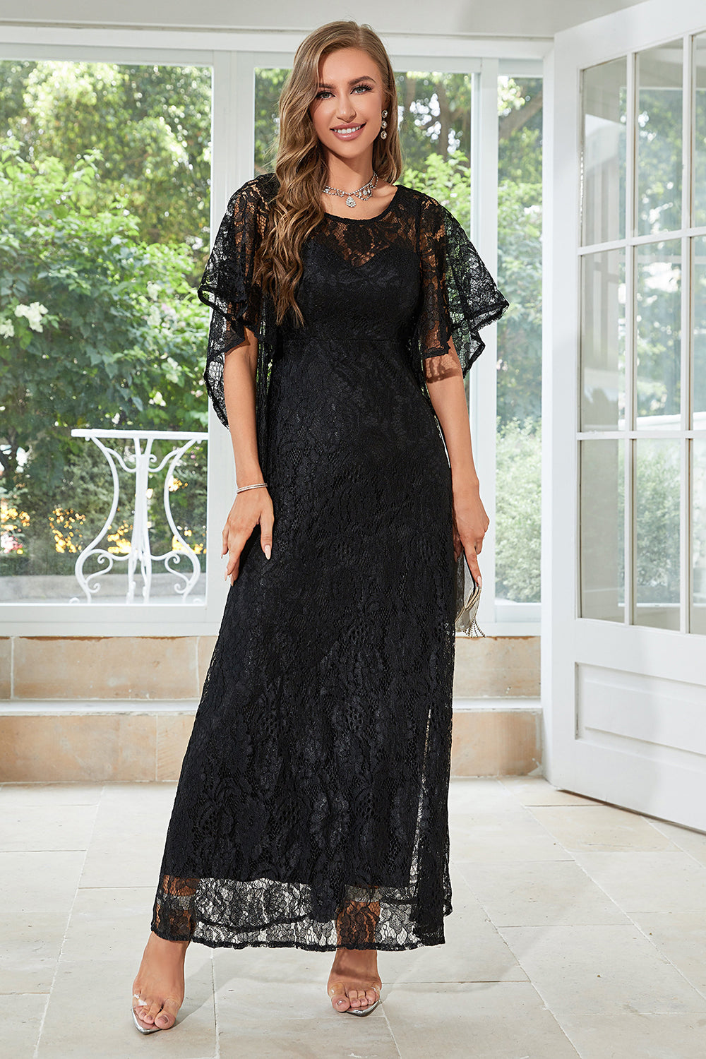 A-line Round Neck Black Lace Short Sleeves Mother of Bride Dress