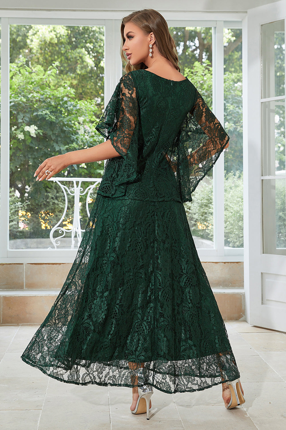 A-line Round Neck Black Lace Short Sleeves Mother of Bride Dress