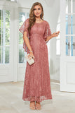 A-line Round Neck Black Lace Short Sleeves Mother of Bride Dress