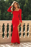 Red Bodycon Square Neck Corset Formal Evening Dress with Long Sleeves