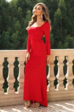 Red Bodycon Square Neck Corset Formal Evening Dress with Long Sleeves