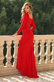 Red Bodycon Square Neck Corset Formal Evening Dress with Long Sleeves
