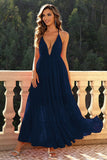 Navy A-Line Spaghetti Straps Deep V-Neck Backless Formal Dress