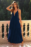 Navy A-Line Spaghetti Straps Deep V-Neck Backless Formal Dress