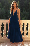 Navy A-Line Spaghetti Straps Deep V-Neck Backless Formal Dress