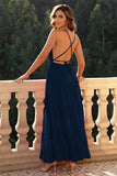 Navy A-Line Spaghetti Straps Deep V-Neck Backless Formal Dress
