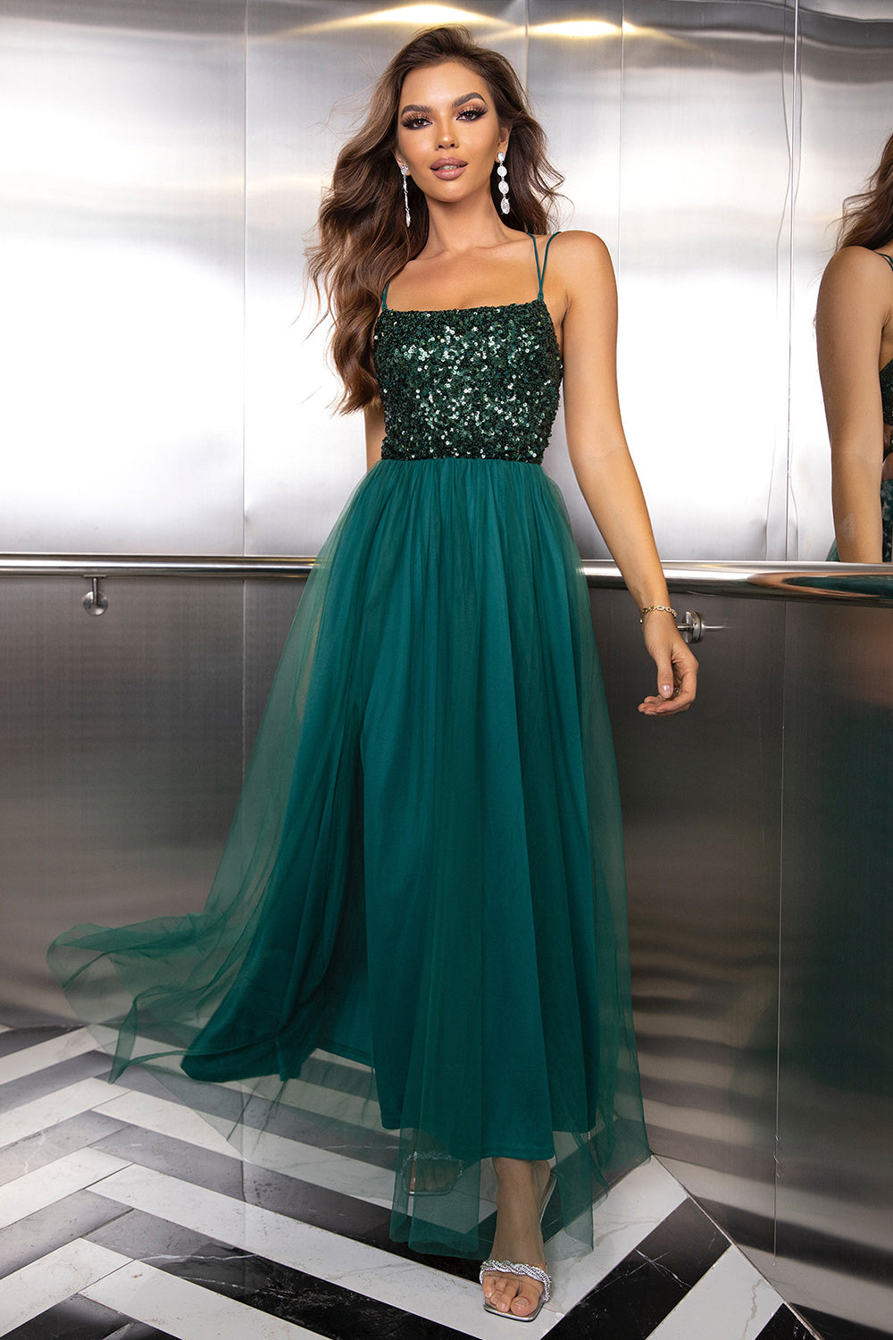 Sparkly Tulle Lace-Up Back Pine A Line Formal Dress with Sequins