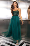 Sparkly Tulle Lace-Up Back Pine A Line Formal Dress with Sequins