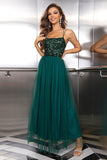 Sparkly Tulle Lace-Up Back Pine A Line Formal Dress with Sequins