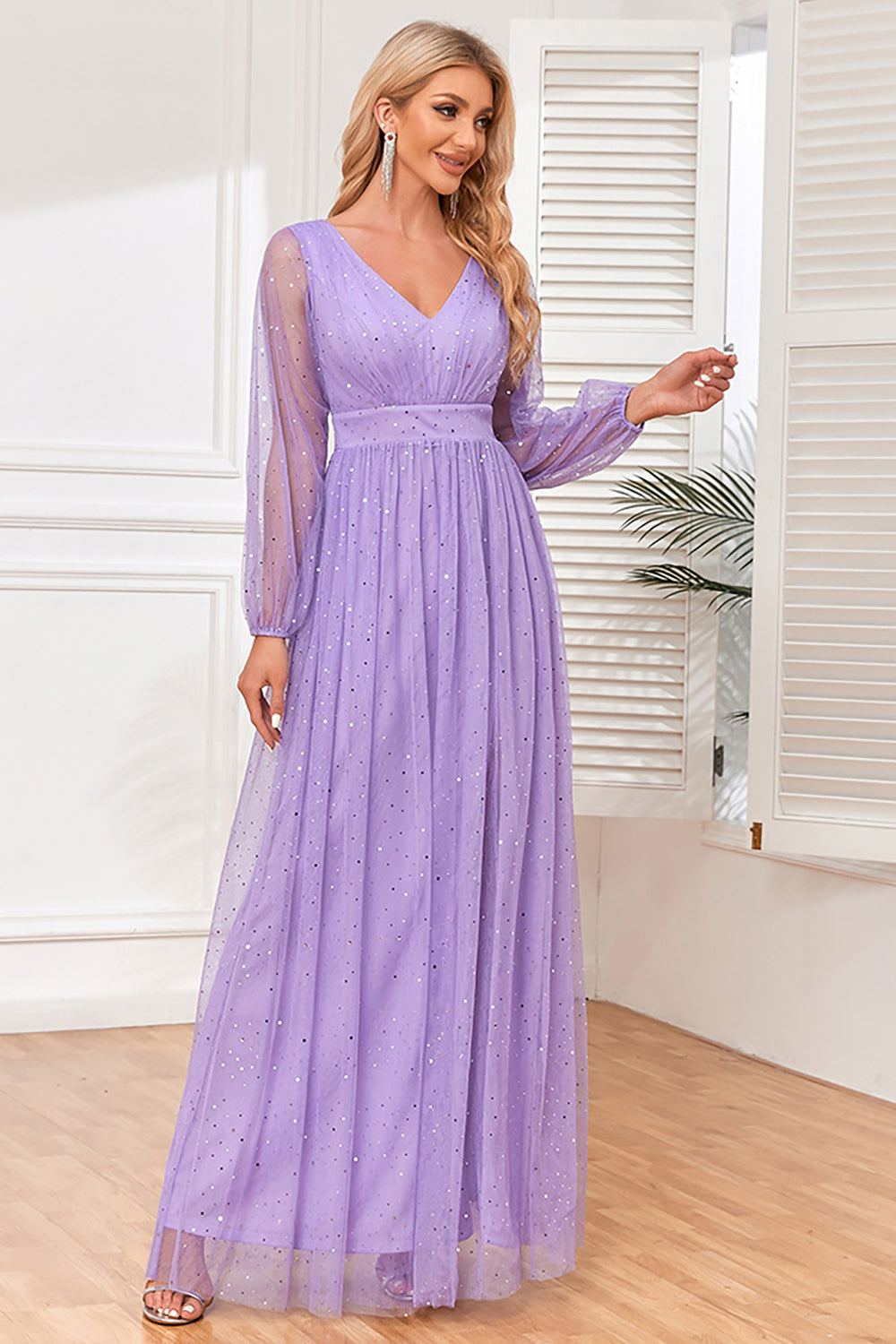 A-Line Long Sleeves Lilac Sequin Formal Dress with Slit