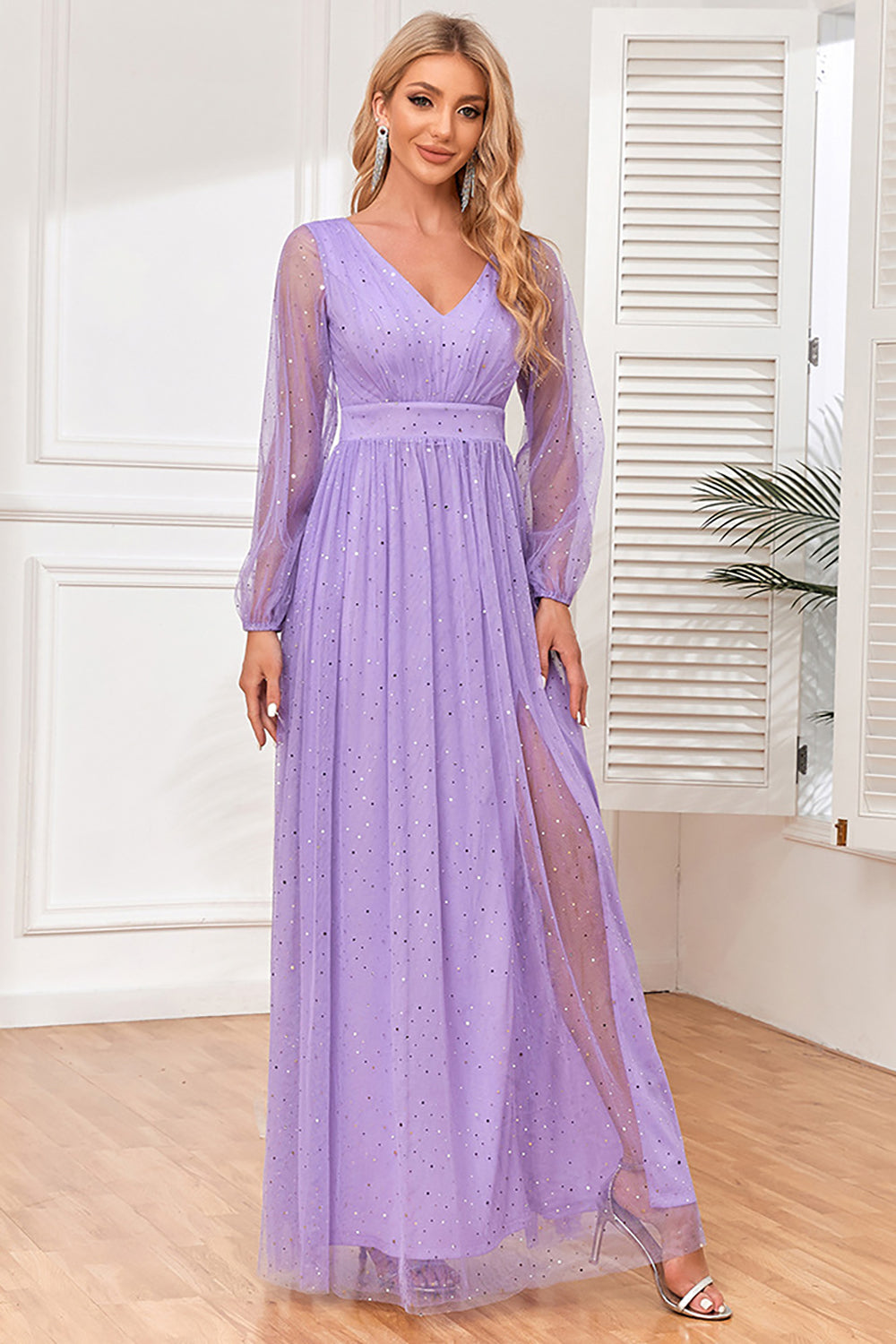 A-Line Long Sleeves Lilac Sequin Formal Dress with Slit