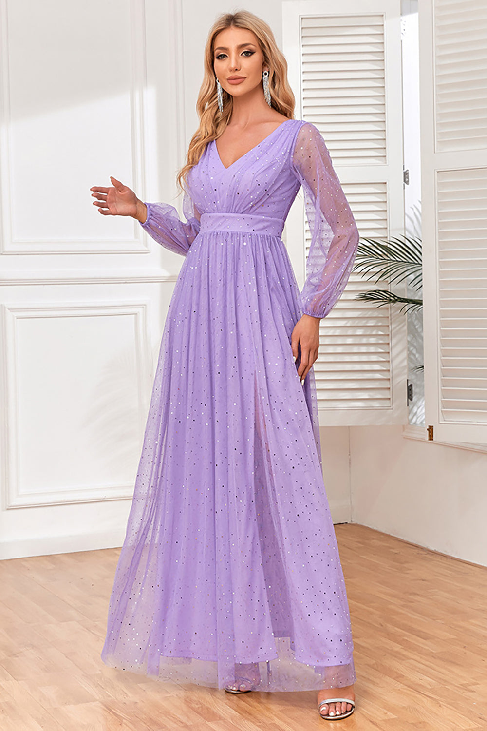 A-Line Long Sleeves Lilac Sequin Formal Dress with Slit