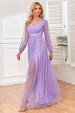 A-Line Long Sleeves Lilac Sequin Formal Dress with Slit
