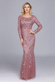 Dusty Rose Mermaid Boat Neck Evening Dress with Appliques