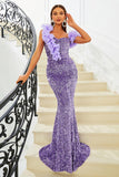 Purple Mermaid Off the Shoulder Sequins Ball Dress