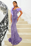 Purple Mermaid Off the Shoulder Sequins Ball Dress
