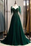 A-Line Spaghetti Straps Dark Green Ball Dress with Beading