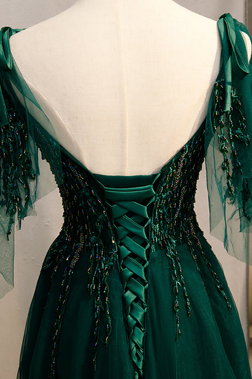 A-Line Spaghetti Straps Dark Green Ball Dress with Beading