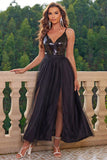 Sparkly Black Spaghetti Straps Ball Dress with Slit