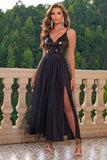 Sparkly Black Spaghetti Straps Ball Dress with Slit