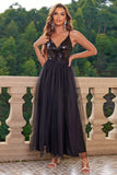Sparkly Black Spaghetti Straps Ball Dress with Slit