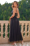 Sparkly Black Spaghetti Straps Ball Dress with Slit