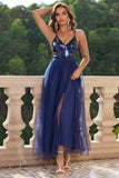 Sparkly Black Spaghetti Straps Ball Dress with Slit