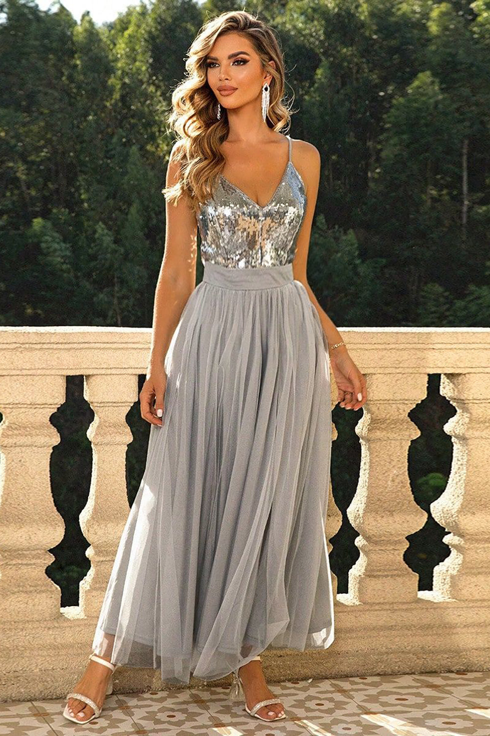 Sparkly Black Spaghetti Straps Ball Dress with Slit