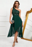 Dark Green One Shoulder Cocktail Party Dress with Slit