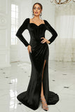Black Mermaid Sweetheart Neck Velvet Long Ball Dress with Slit