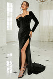 Black Mermaid Sweetheart Neck Velvet Long Ball Dress with Slit