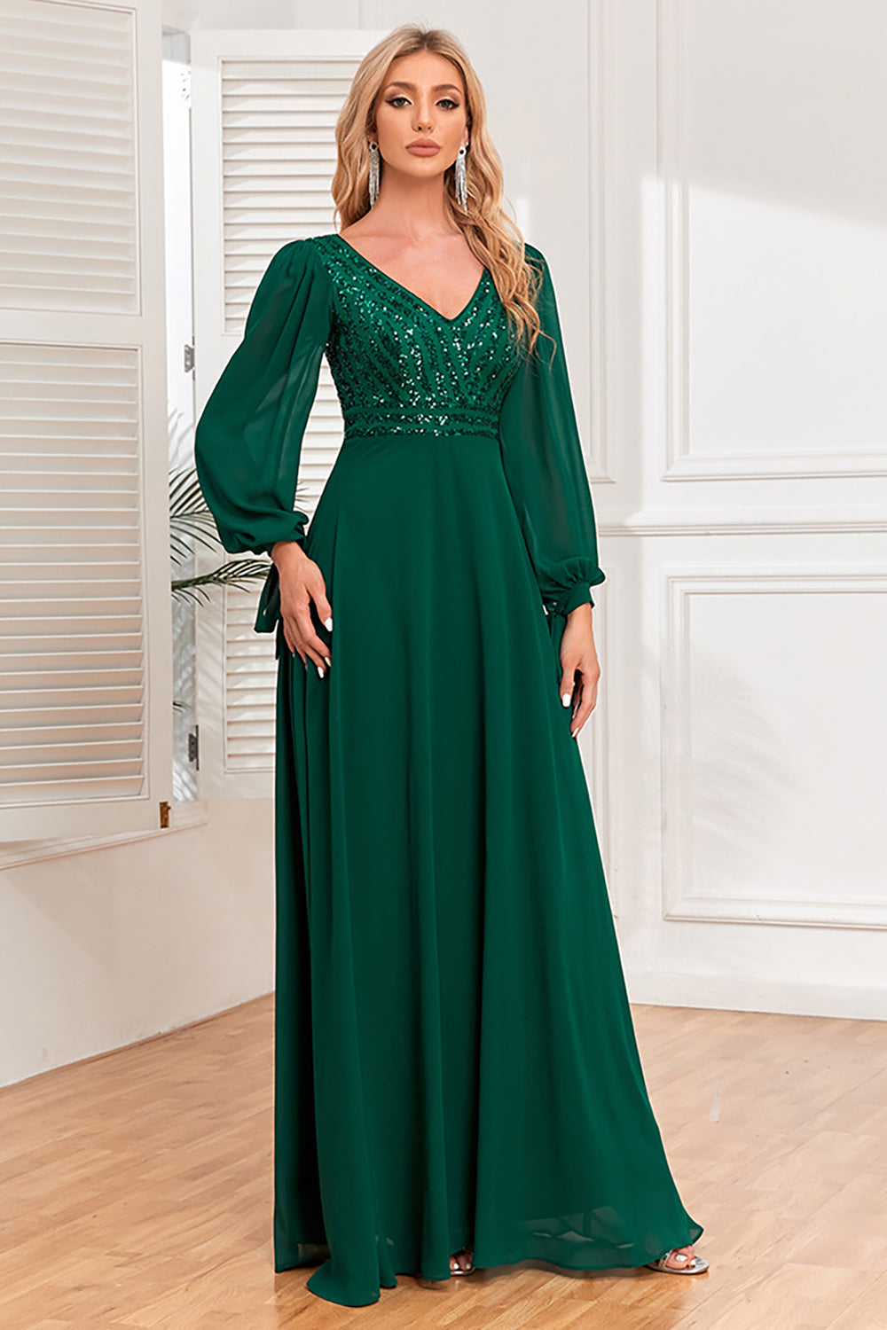 Dark Green A-Line V Neck Long Ball Dress With Sequins
