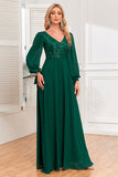 Dark Green A-Line V Neck Long Ball Dress With Sequins