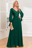 Dark Green A-Line V Neck Long Ball Dress With Sequins