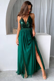 Dark Green A-Line Spaghetti Straps Long Ball Dress with Slit