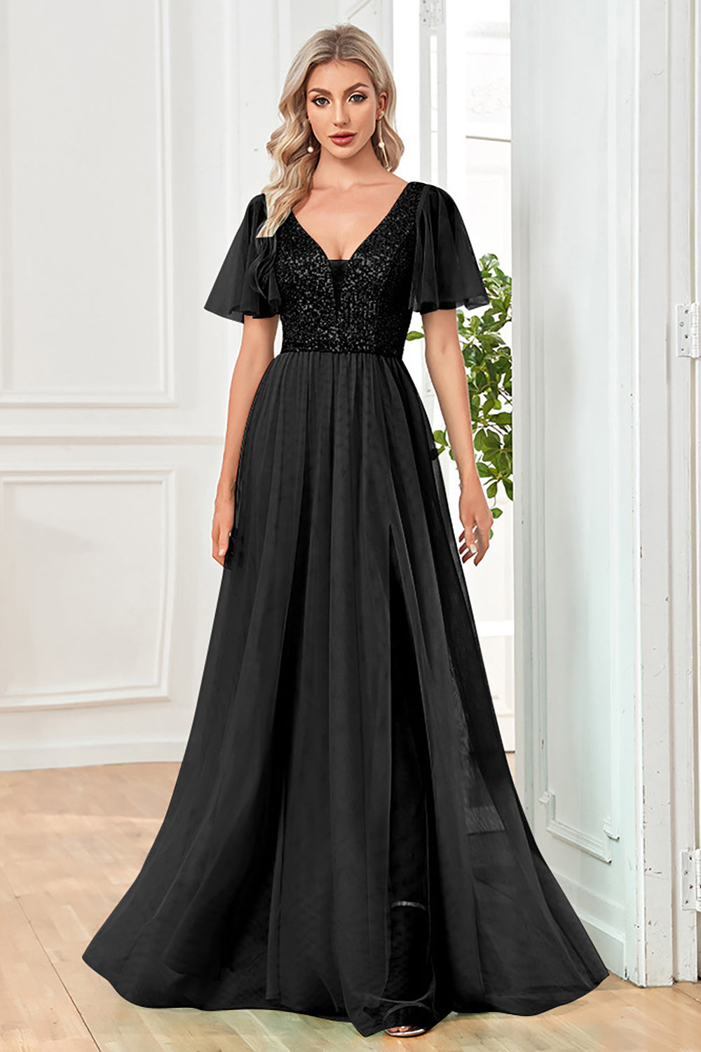 Black A-Line V Neck Long Ball Dress with Sequins