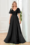 Black A-Line V Neck Long Ball Dress with Sequins