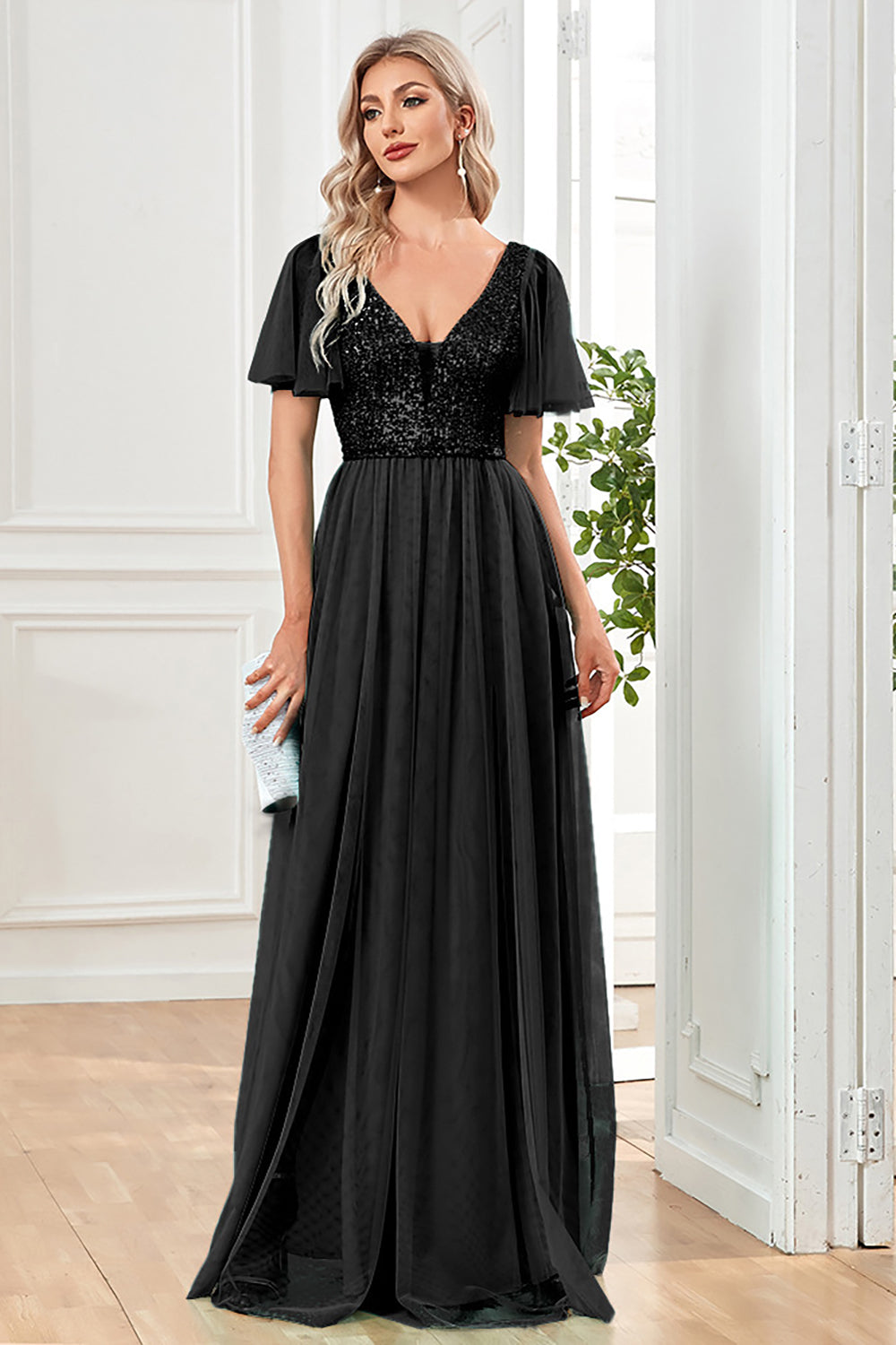 Black A-Line V Neck Long Ball Dress with Sequins